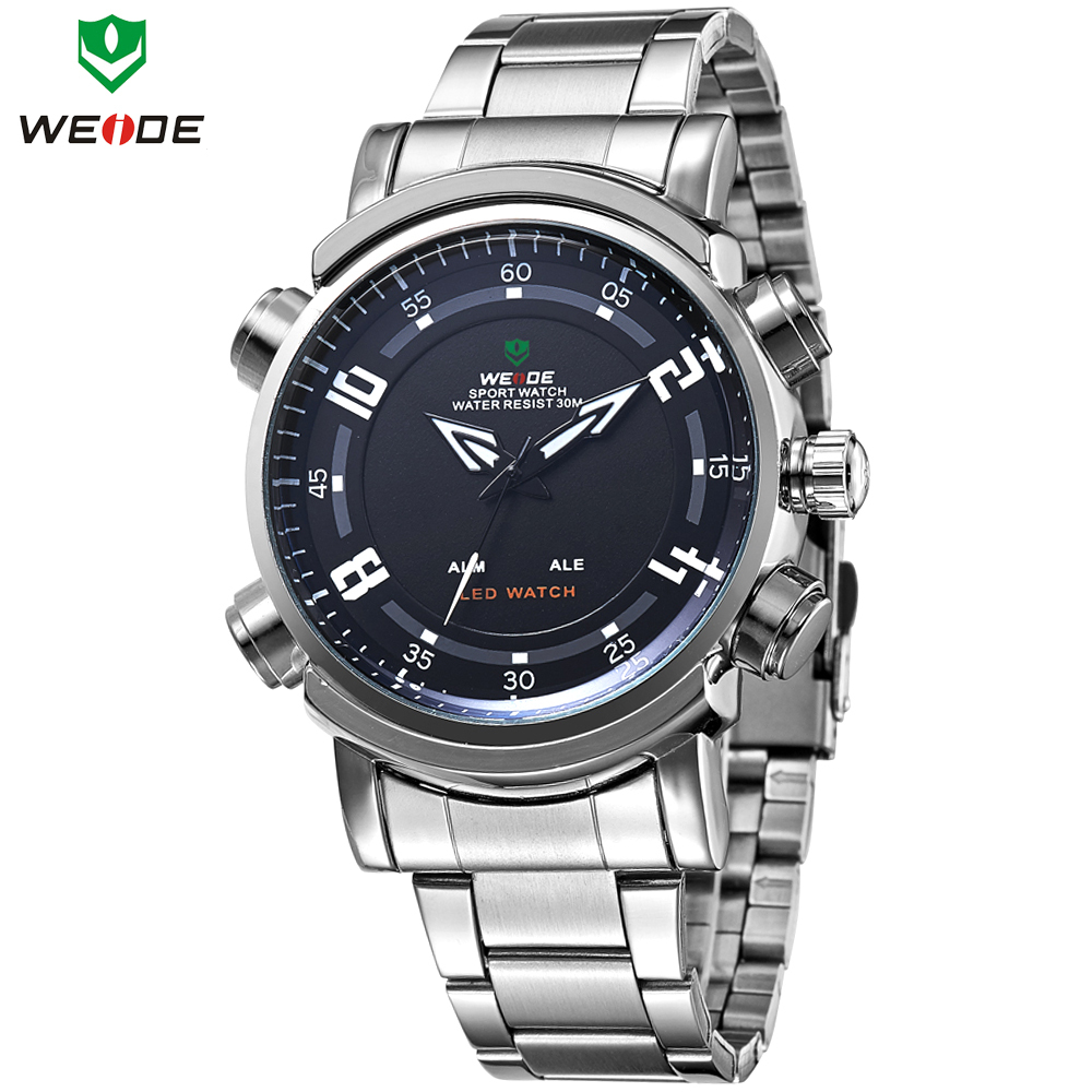 WEIDE Brand New Full Stainless Steel Quartz Watch Date Day Alarm LED Dual Time Illuminated Multi