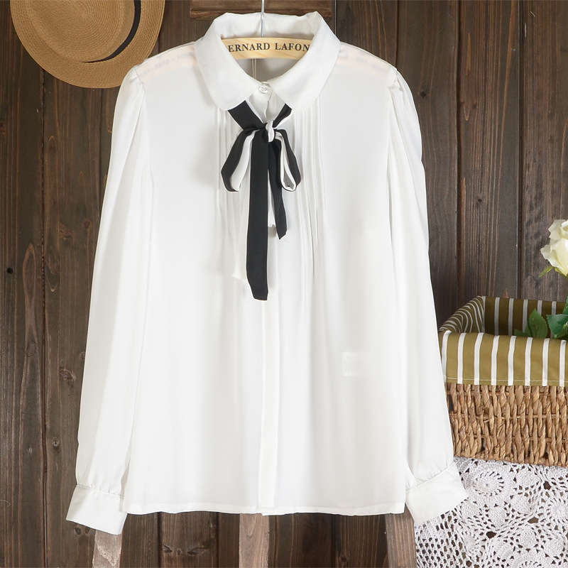 20145 New women long sleeve chiffon blouse fashion bow women white blouse F...