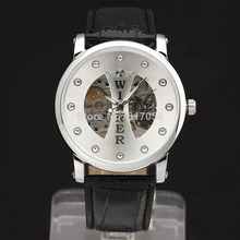 new 2014 fashion hot sale winner skeleton men rhinestone leather strap sport military mechanical hand wind