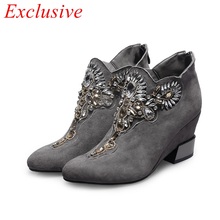 2015 First Layer Leather Ankle Boots Black Gray Crystal Nubuck Leather Boots Winter Womens Boots First Layer Leather Ankle Boots
