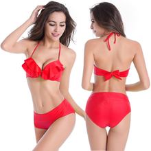 2016 hot woman bikini quality solid ruffles mid waist swimsuit bikinis set beach swimwear women lady bathing suit M/L/XL