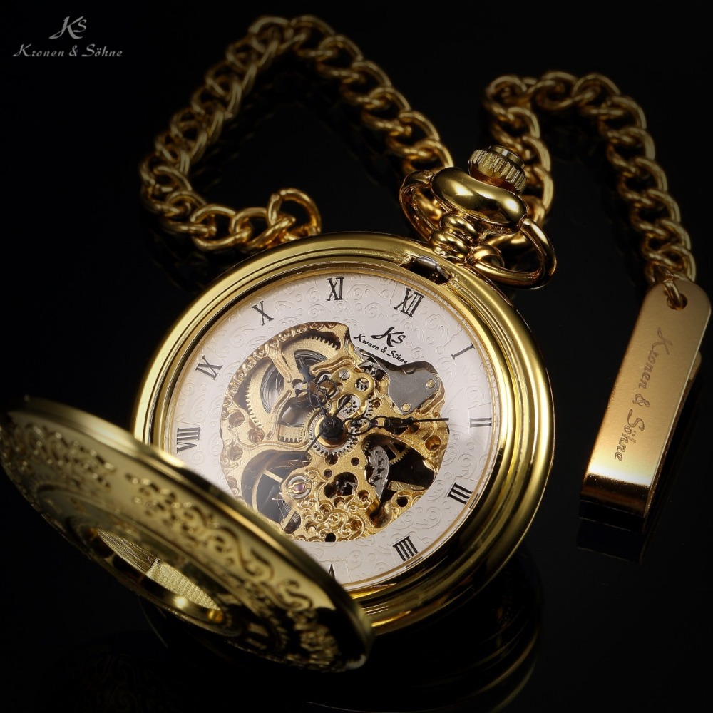KS Retro Skeleton Alloy Golden Case Copper Key Style Roman Dial Luxury Case Clock Mechanical Hand