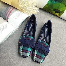 Japanese college style Plaid cloth women shoes lady bow low-heeled shoes 2cm female square head large size shoes us4.5-9.5