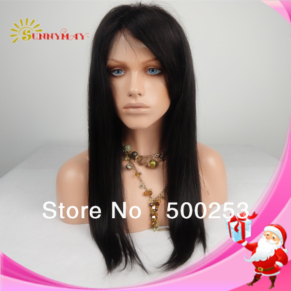 Sunnymay natural black straight indian remy human hair full lace wigs with bangs 10-24