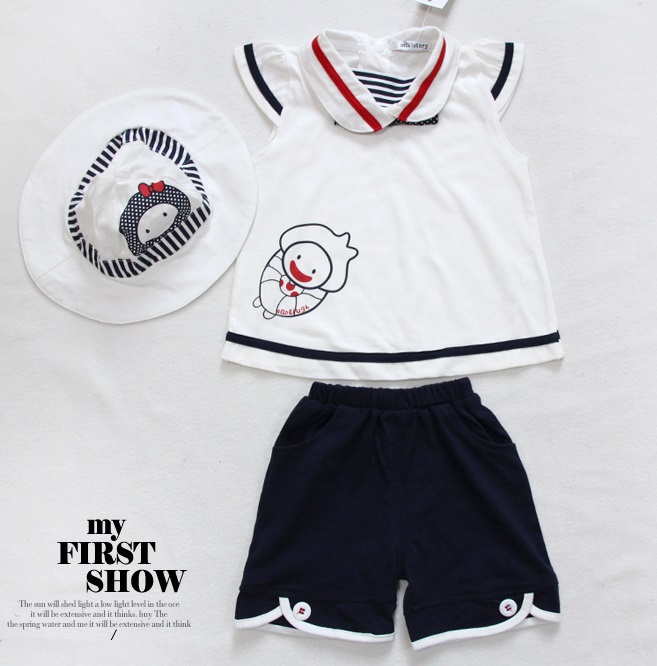 Baby 3 pieces suits Girls Sun hats Tees Shirts Pant set Beach Suit for girls HOT SALE TOP QUALITY Free Shipping