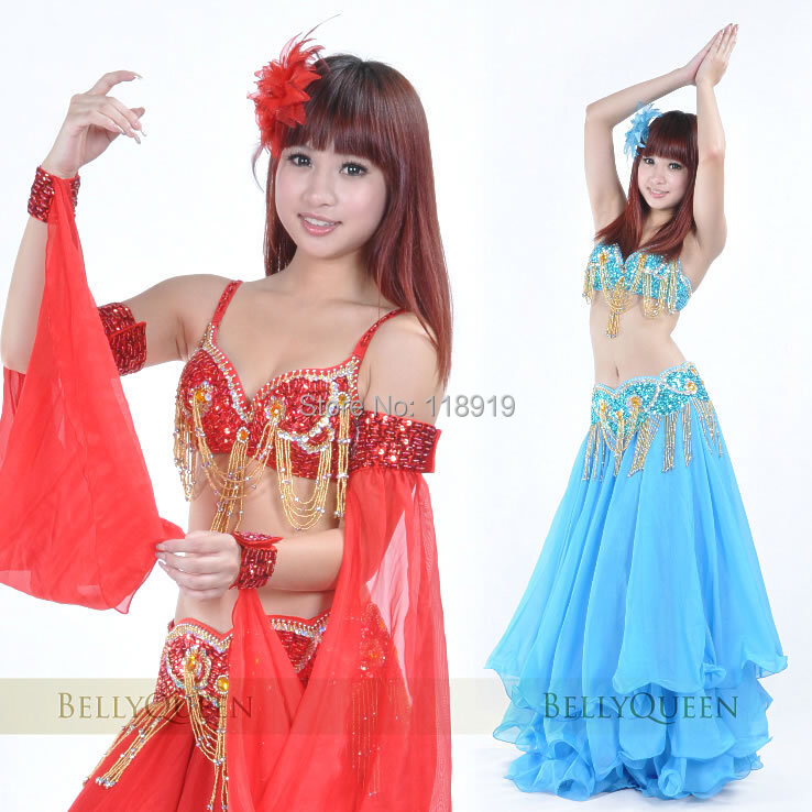 2014 Womens New Beaded Red Belly Dance Costumes Bra and Belt Set Indian Dancing Clothes 2 Pcs