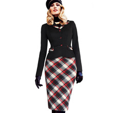 Womens 2016 Fall Fashion Colorblock Tartan Lapel Peplum Long Sleeve Wear to Work Business Party Sheath Pencil Dress