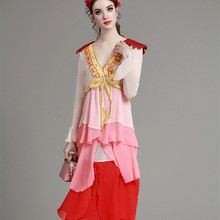 Top Fashion Women Sexy V-neck Summer Patchwork Dress Flare Sleeve Ruffled Layers Runway Loose Sequins Gradient Dresses
