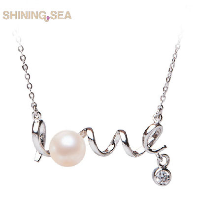 Natural pearls Freshwater Pearl Necklaces & Pendants, 925 Sterling Silver Jewelry New 2014 fashion jewelry for women Love letter