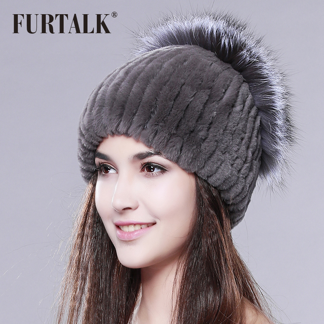 winter beanies fur hat for women knitted rex rabbit fur hat with sliver fox fur top free size women's hat