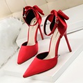 2016 New Summer Women Pumps Beauty Thin High Heels Shoes Sweet Bow Shallow Pointed Satin Silk