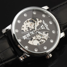 new 2014 fashion hot sale winner skeleton men rhinestone leather strap sport military mechanical hand wind