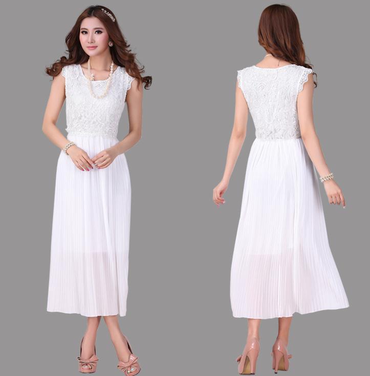 Hot Chiffon one-piece dress summer 2014 medium long lace slim pleated full dress Sleeveless Pleated Vest Dress size M*L*XL