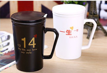 Ceramic Couple Mug White/Black Handgrip With Spoon Milk juice water Coffee Cups and Mugs 250ml Caneca Mugs,Free Shipping,30018