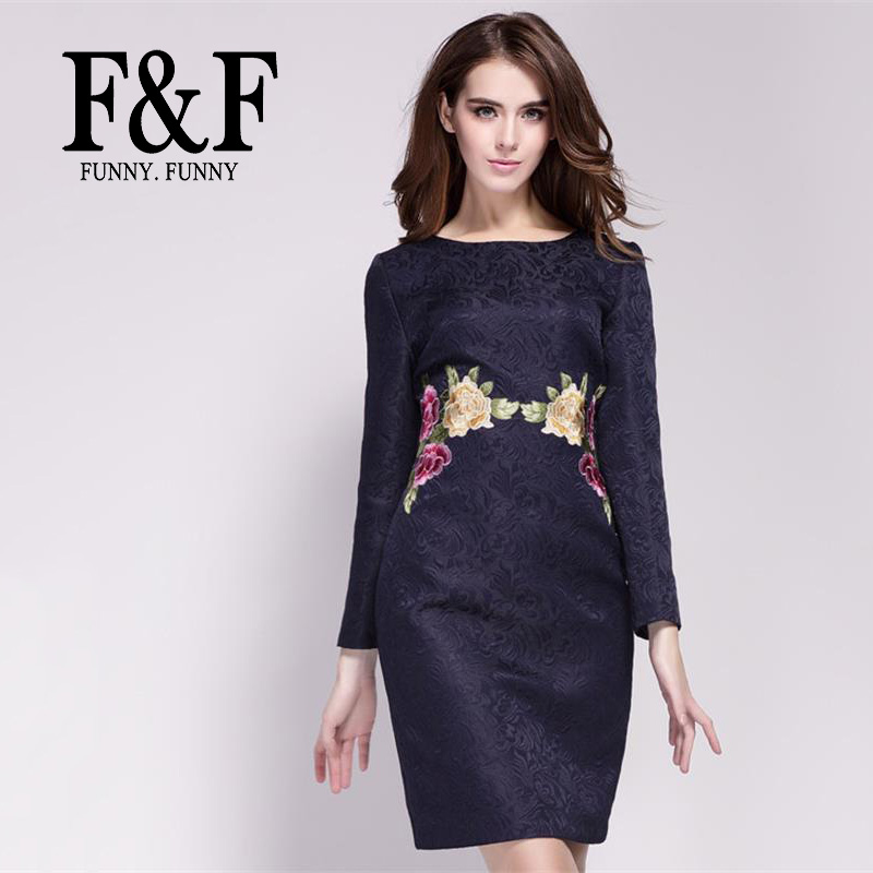 Dark Blue Embroidery Floral Women Dresses 2016 New Chinese Style Graceful  Office&Party Long Sleeve Winter dress FunnyFunny