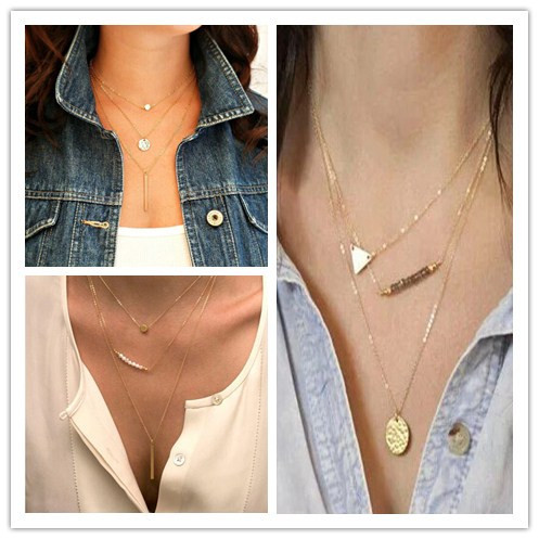 Fashion Multi layer Necklace Gold Silver Fatima Hand 3 Layer Chain Bar Necklace Colares Femininos for