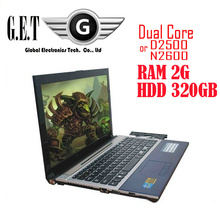 cheap 15.6inch notebook  computer Ultrabook laptop with Intel  D2500 2GB RAM 320GB HDD  DVD-RW Window 7 HDMI