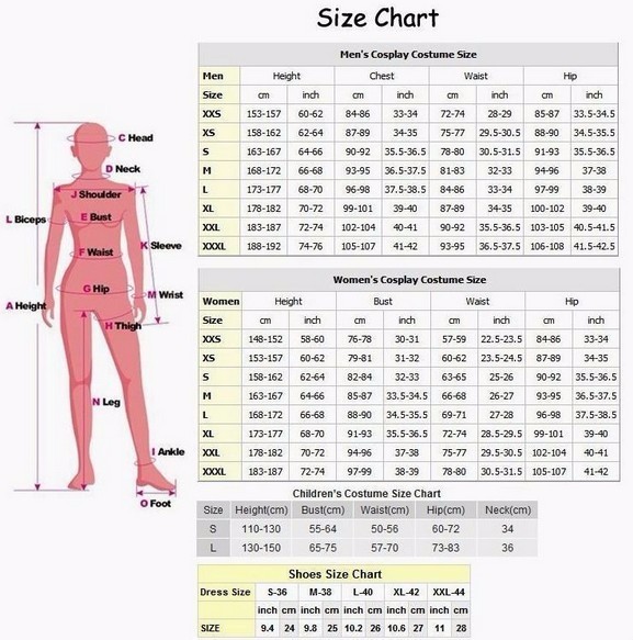 Mens Costume Size Chart