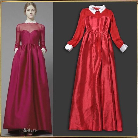Free Shipping New 2015 Autumn Fashion  Elegant Patchwork Perspective Black  Red Bridal Gown full sleeve Maxi Long Dress