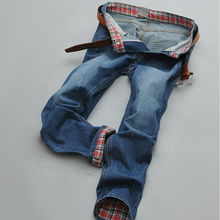 Men summer wear Jeans Causual Pants Pockets Mid Waist Full length Brand Slim Type Straight Plaid
