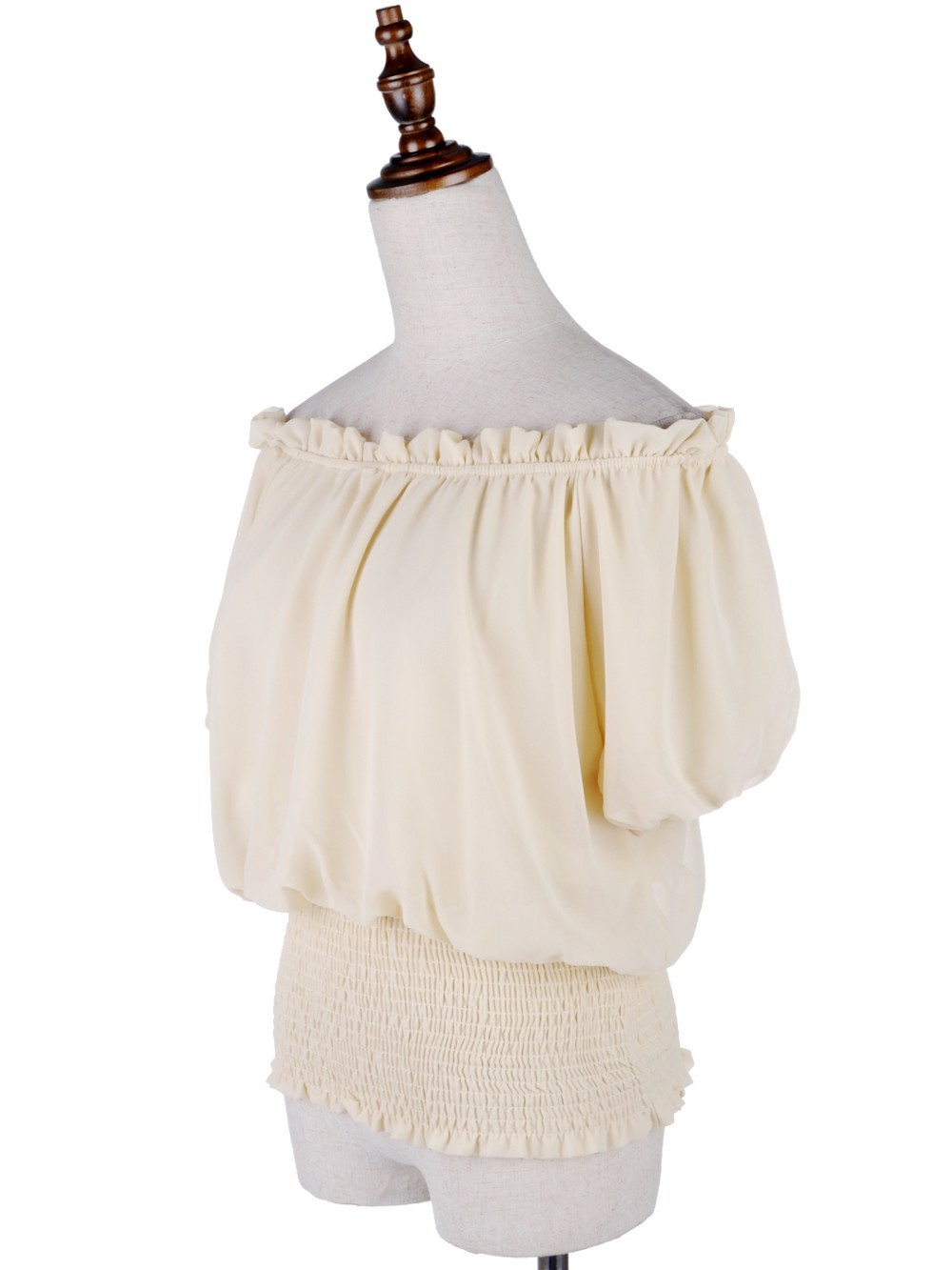 White Peasant Boho Style Smocked Waist Chiffon Blouse Short Top For Women