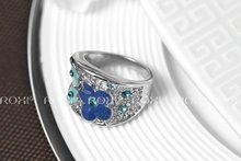 Fashion Elegant 18K Real Gold Plated SWA ELEMENTS Austrian Crystal Blue Plum Blossom Flower Ring FREE
