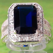  Gorgeous Handsome Style Women Rings Emerald Cut Blue Sapphire Quartz 925 Silver Ring Size 7