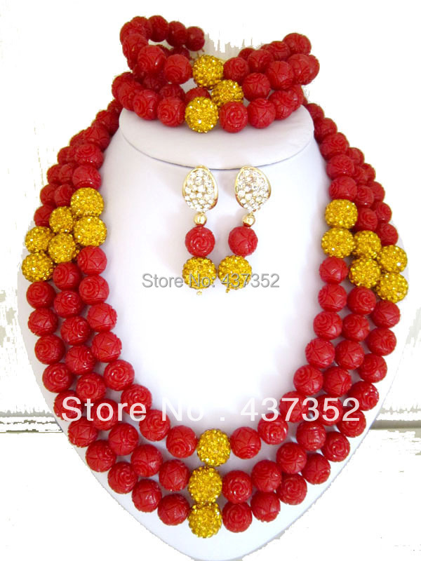 African Nigerian Wedding Jewelry Set Artificial Carved Flower Coral Beads Jewelry Set Necklace Bracelet Clip Earrings CWS-079