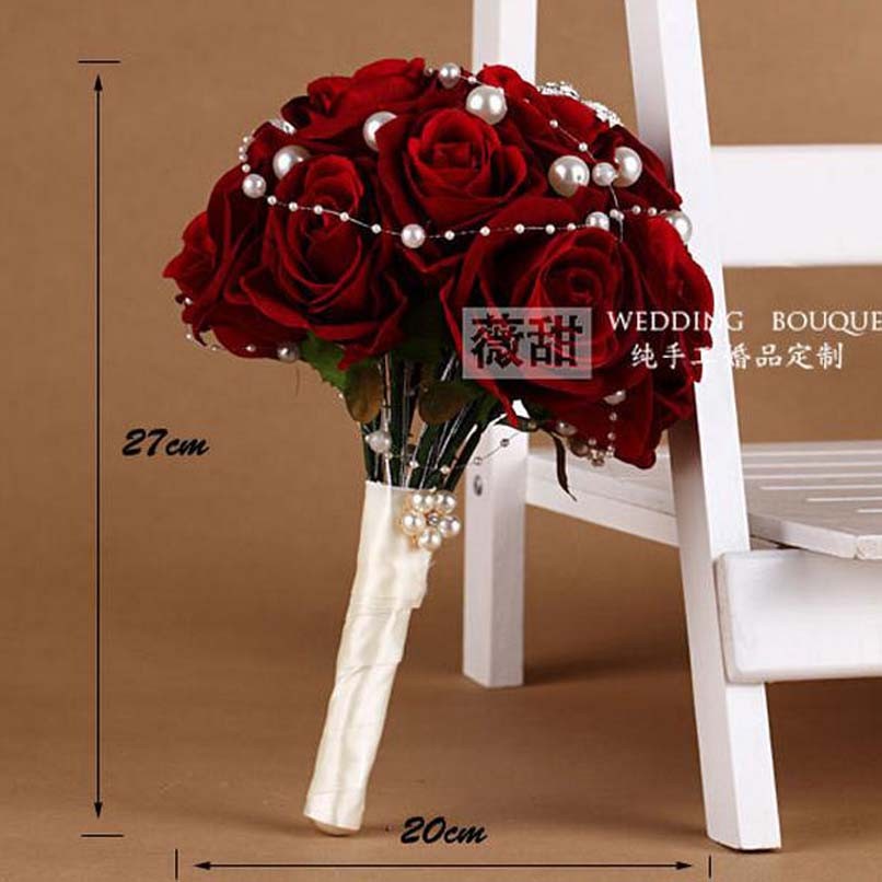 New Red Roses Bridal Wedding Bouquet "Handmade" Pearls Bridesmaid Flowers Brooch 