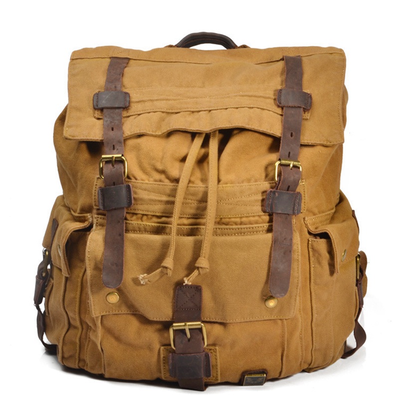 Men's Male Vintage Canvas Crazy Horse Leather Backpacks Rucksack Satchel Military Sport Bag Casual Tactical Travel Backpack