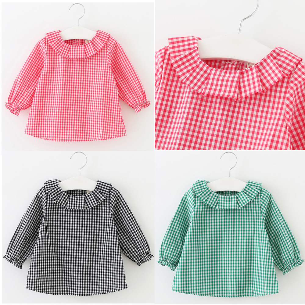 Retail New 2016 Baby Girls Clothing Lotus Leaf Collar Grid Shirt