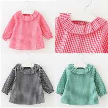 Retail New 2016 Baby Girls Clothing Lotus Leaf Collar Grid Shirt