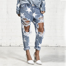 2016 Big Hole Jeans for Women With Five-pointed Star Ripped Jeans Light Blue Denim Pants boyfriend jeans for women