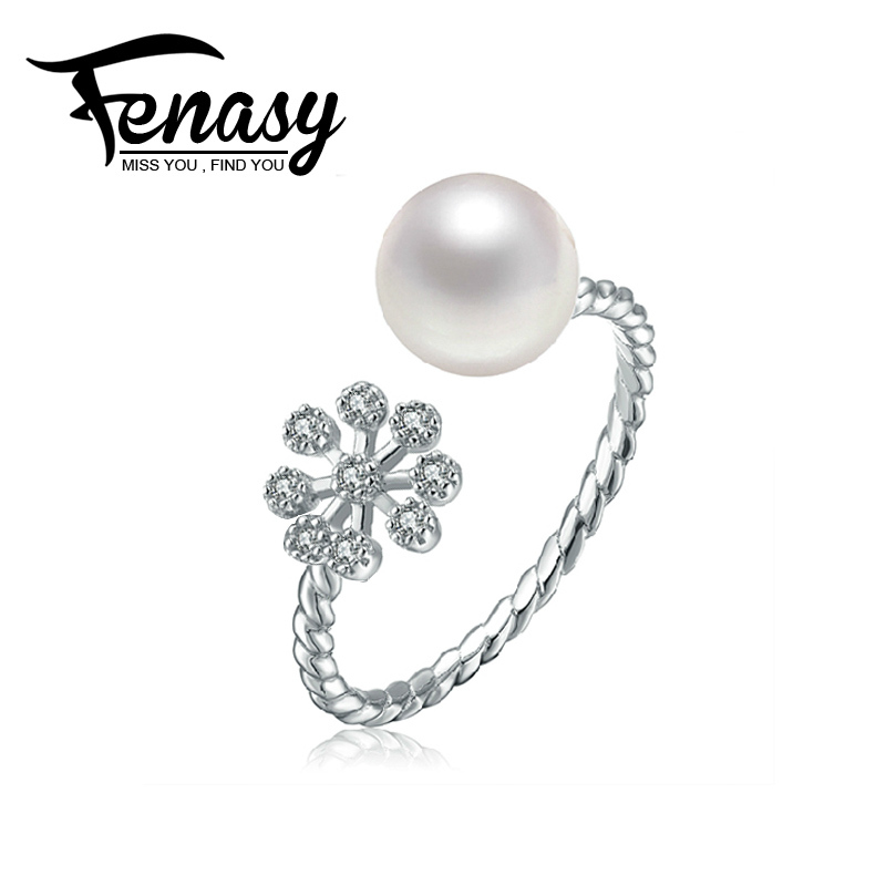 FENNEY 100% natural Pearl rings,Perfect round Natural Freshwater Pearl 925 Silver ring,rings for women , Snowflake Ring