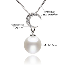 FEIGE Pearl Jewelry Women’s 100% 925 Sterling Silver Chain Necklace with 9mm-10mm Round Natural Pearl and Moon-Shape Pendant