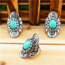 Vintage Look Tibet Antique Silver Alloy Retro Craft Curved Flower Adjustable Turquoise Rings TR77
