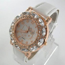 holiday sale high quality Leather Hello Kitty Watch Children women dress fashion Crystal quartz wrist Watch