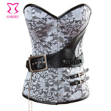 Silver Brocaded and Buckle Faux Belt Steel Boned Overbust Corset Steampunk Costume Women Corpetes E Espartilhos Gothic Clothes