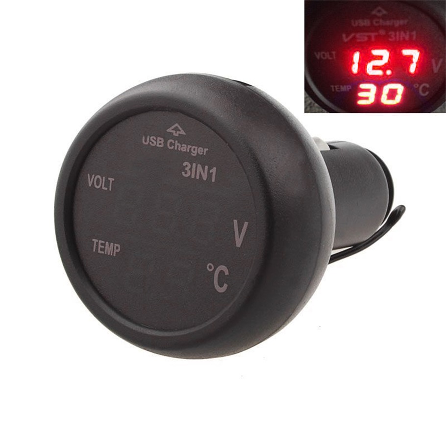 New 3 in 1 Digital LED car Voltmeter Thermometer Auto Car USB Charger 12V/24V Temperature Meter Voltmeter hot selling