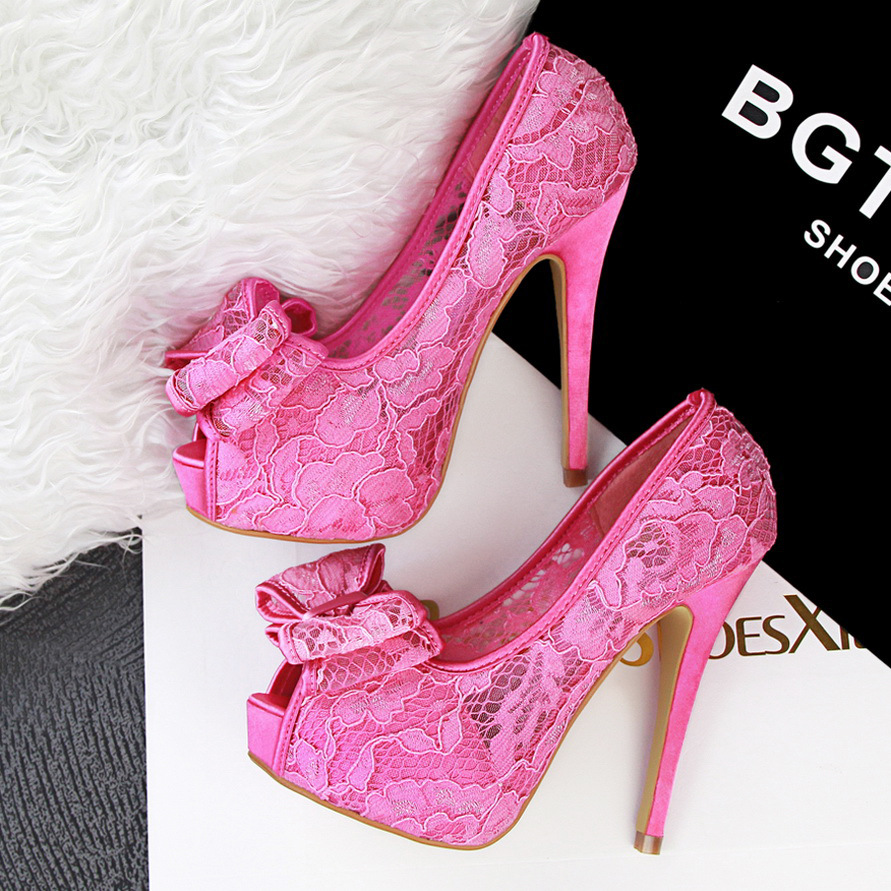 12 5cm cutout lace thick heels sandal high heel platform peep toe bowtie pink sandals 12 5cm cutout lace thick heels sandal high heel platform peep toe bowtie pink sandals