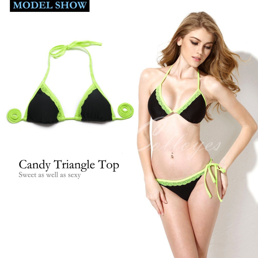 CA151002-800 Colloyes Sexy Black + Green Lace Triangle Top + Classic Cut Bottom Lace Bikini Swimwear Triangl Women\'s Fashion Bathing Suit (4)