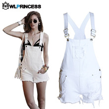 Owlprincess 2016 Hot Jeans Washed Denim Hole Loose Shorts Romper Pocket Pants Shorts Women Ripped Overall White Playsuit Tassel