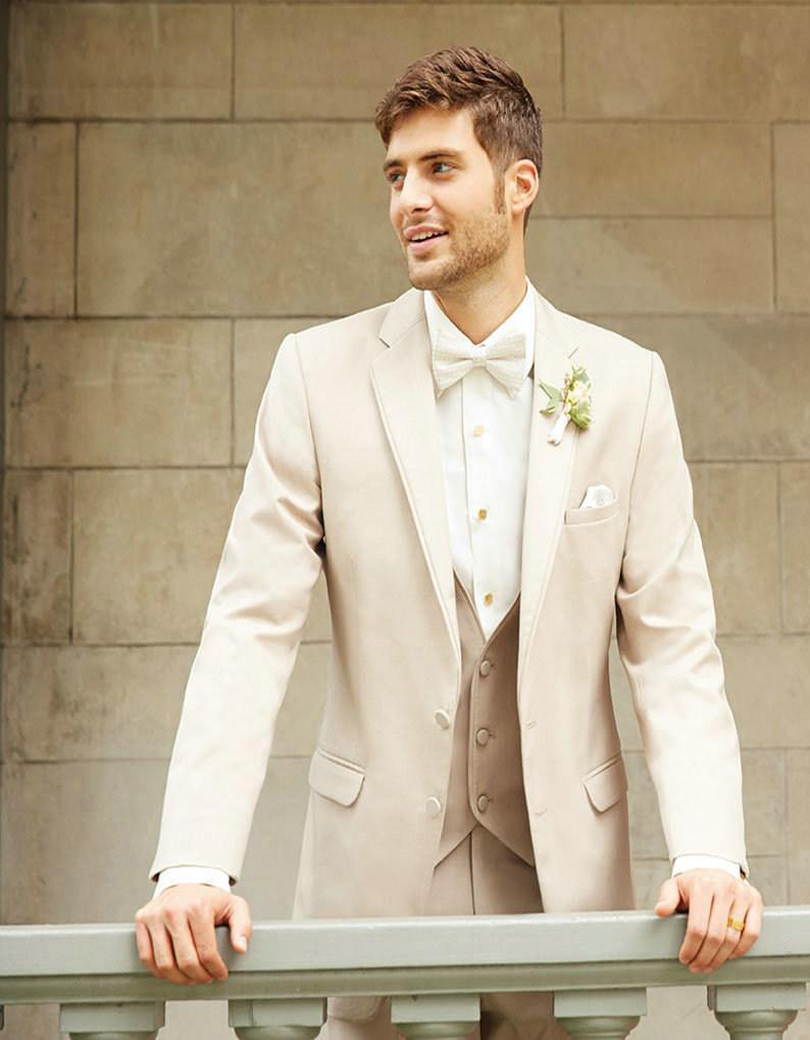 Beige Mens Wedding Suits 2016 Notched Lapel Mens Wedding Tuxedos Two Button Groom Suits Three Piece Suit Jacket+pants+vest+tie