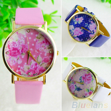 2014 New Fashion Women dress Leather Geneva Rose Flower Watch Dress Quartz Watches 0ODE