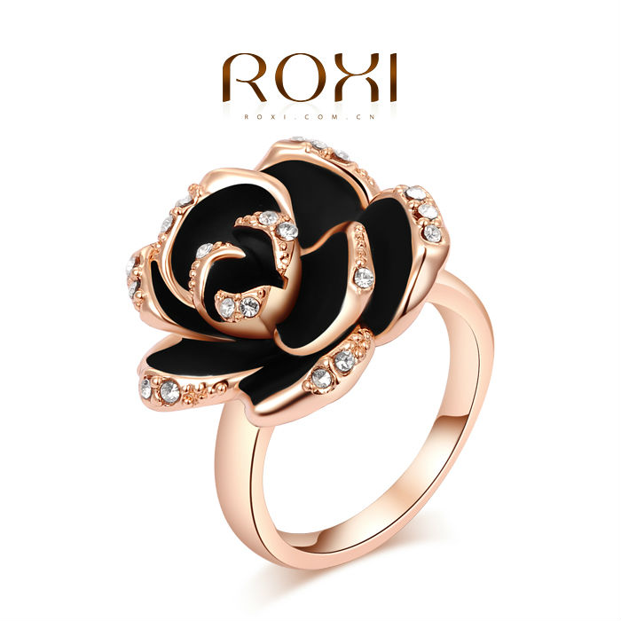 Roxi Fashion Women s Jewelry High Quality Superb Ring Rose Gold Plated Black Flower Round Pave