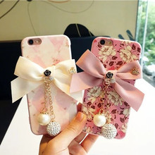 Fashion Popular Bowknot Flowers Silicone Case for iPhone 6 Plus 6S Plus PU Leather+TPU Phone Cover with Crystal Diamond Pearl