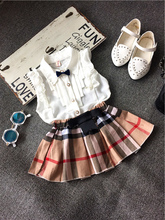 retail- 2016 Summer chiffon sleeveless T-shirt + Plaid skirt Set for age 2-7 child girl