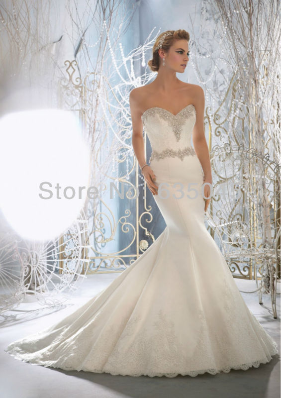 Custom Made Satin Applique Beading Crystal Strapless Lace Mermaid Wedding Dress Bridal Gown Vestido De Noiva