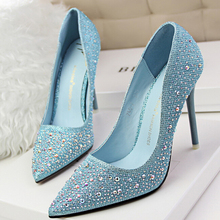 Fashion sweet gentle elegant thin high hees shallow mouth pointed toe rhinestone diamond princess women wedding shoes pump