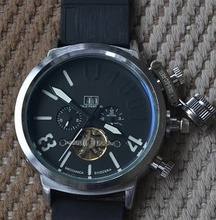Nuevo Mens automático Tourbillon mismo viento reloj del barco grande 50 mm relojes negro U caucho cronógrafo U1001 gancho de izquierda mano con Logo